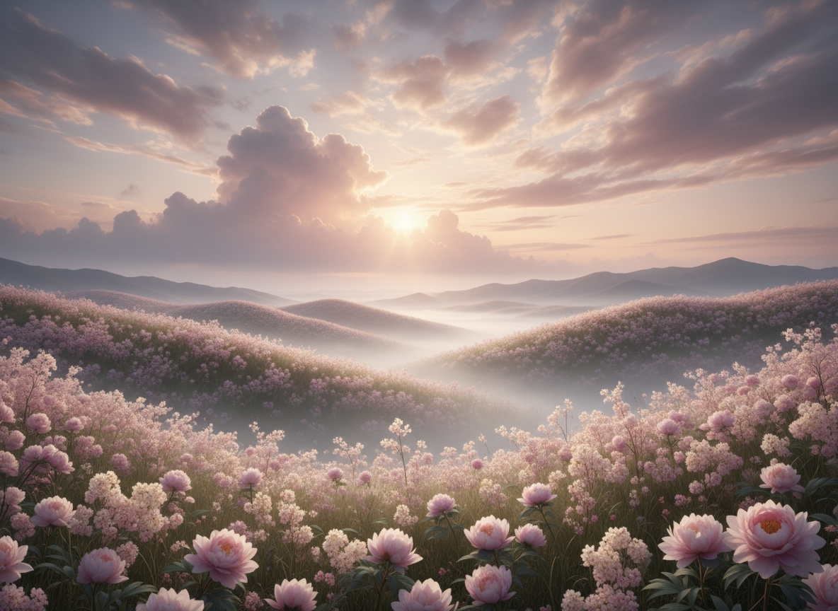 A soft, uplifting landscape image with delicate clouds and light pink flowers, in a style matching the new hero image—gentle, sophisticated, and not overly childlike.