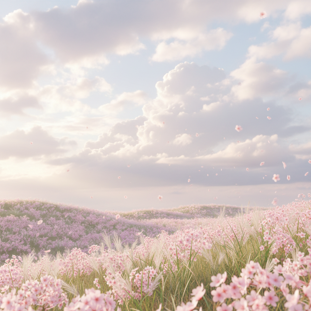 clouds, light pink flowers, soft airy and uplifting vibe to match the new hero image
