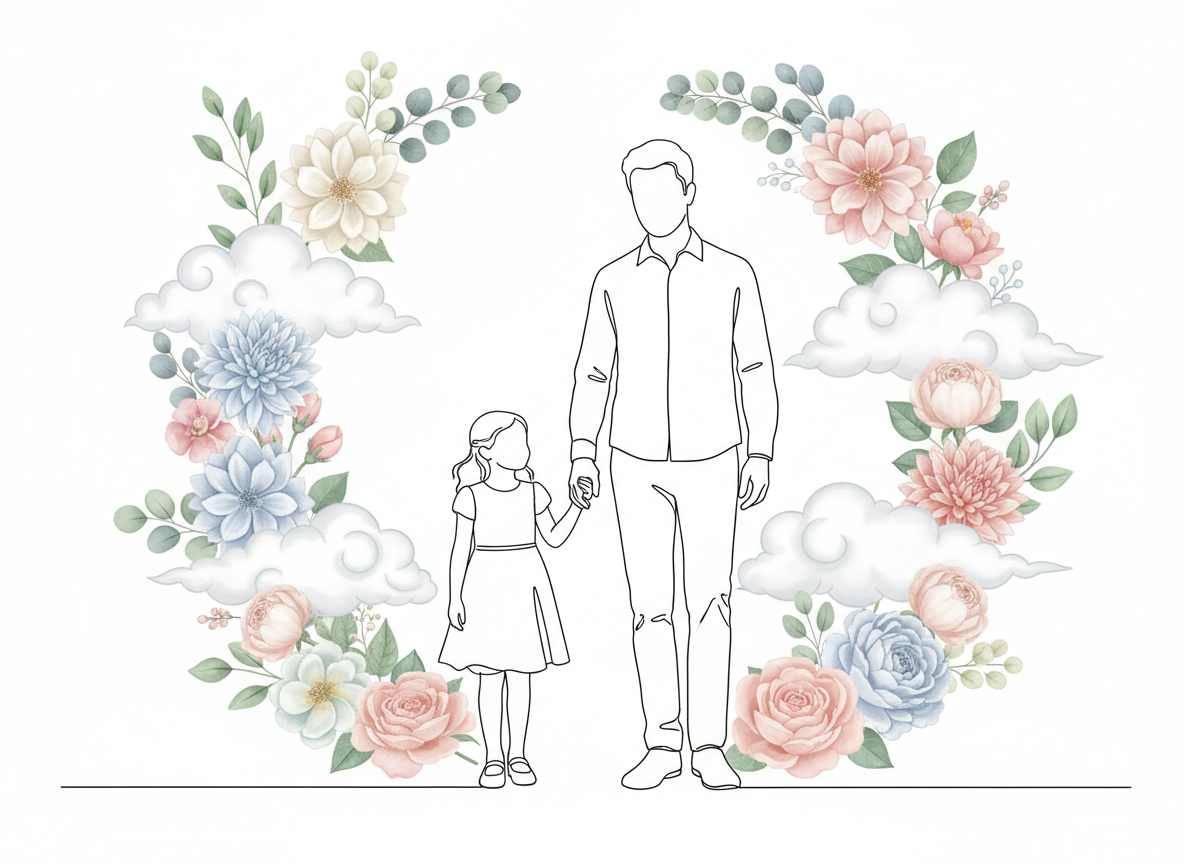A realistic illustration featuring only the outline of a dad and daughter holding hands, surrounded by realistic florals and clouds. No cityscape, elegant and joyful atmosphere.