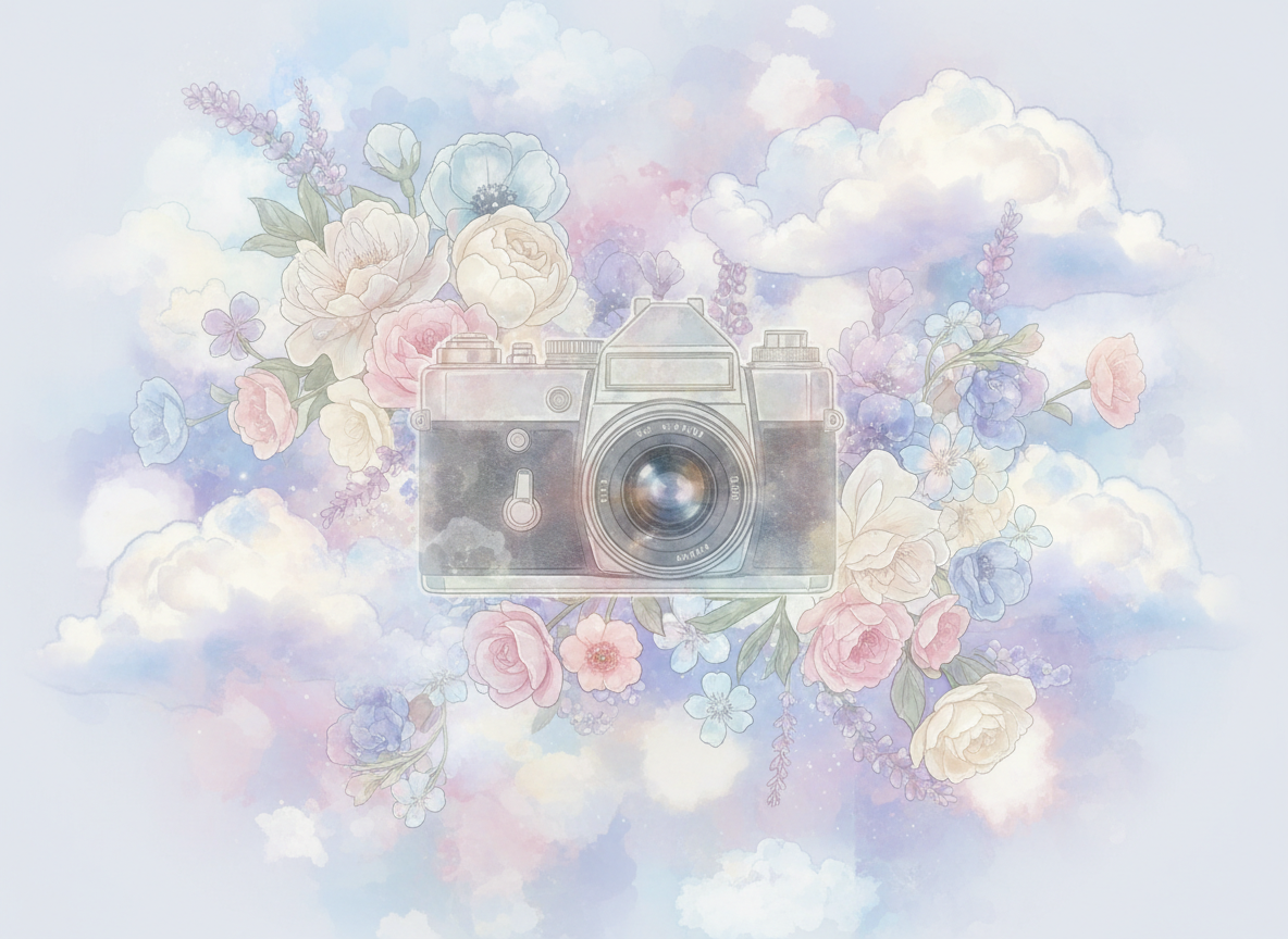 realistic, soft outline of a camera with florals and clouds around it, in the same style as the previous images
