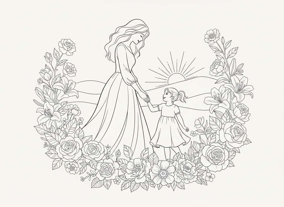 Outline illustration of a woman holding a girl's hand, surrounded by realistic florals, in a landscape orientation to match the style and size of the left-hand image. No men in the image.