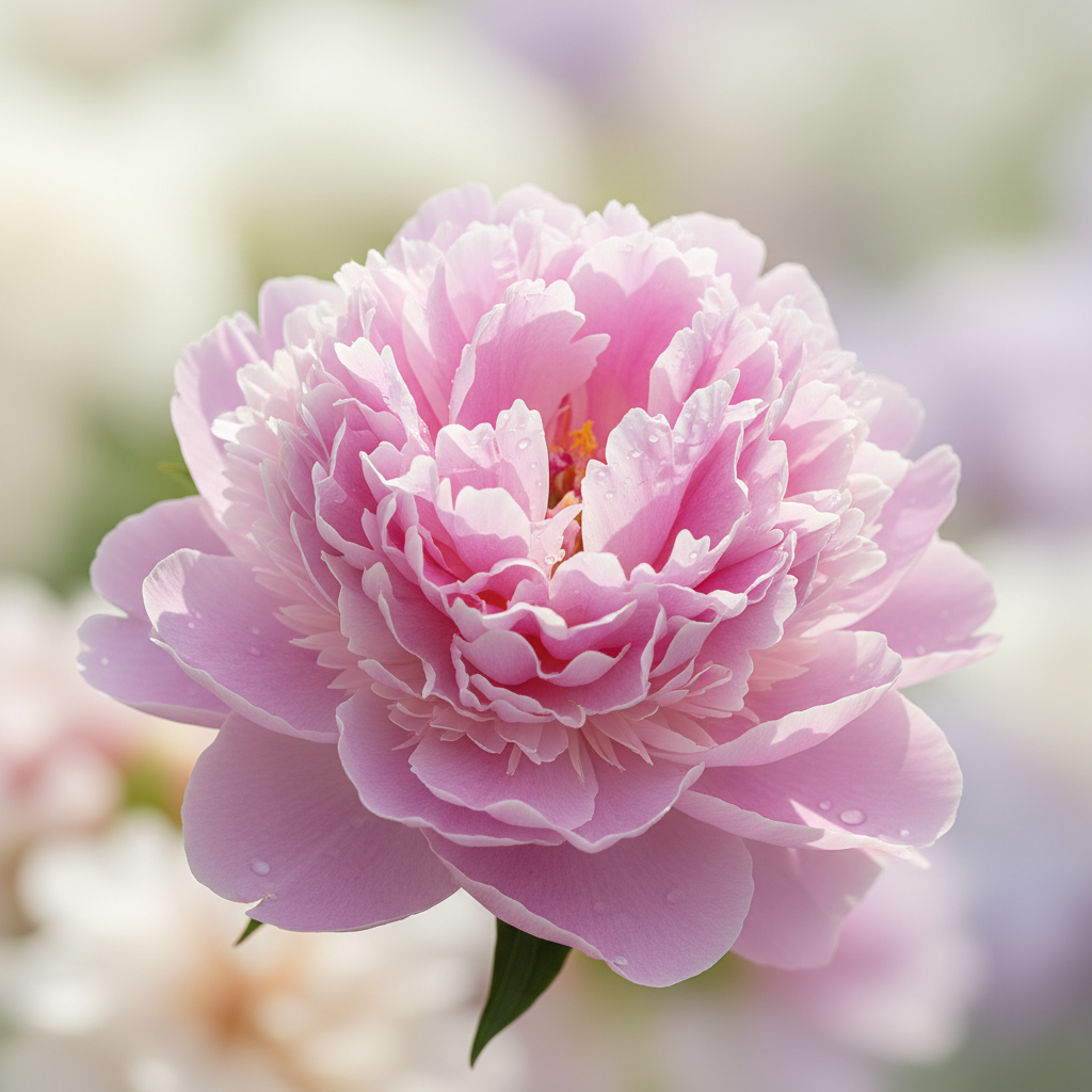 A realistic, close-up photograph of a single soft pink peony in bloom, with delicate petals and natural lighting, on a softly blurred background in pastel tones that match the Dream to Bloom Foundation site aesthetic. No illustrations or cartoon elements.