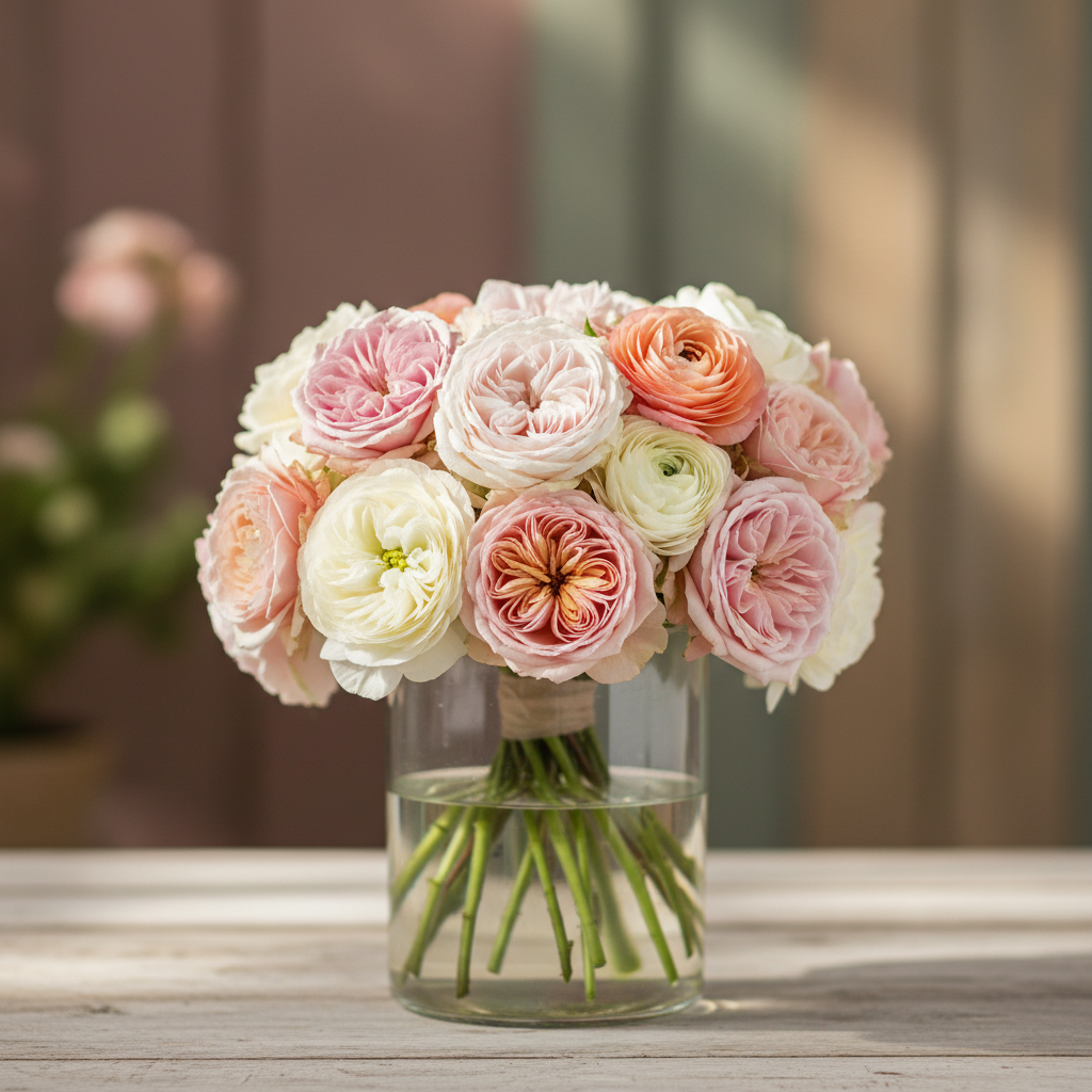 A realistic photograph of a small bouquet of pastel roses and ranunculus in blush pink, cream, and soft peach, arranged in a simple glass vase with natural daylight and a softly blurred background that fits the Dream to Bloom Foundation color palette. No illustrations or cartoon elements.