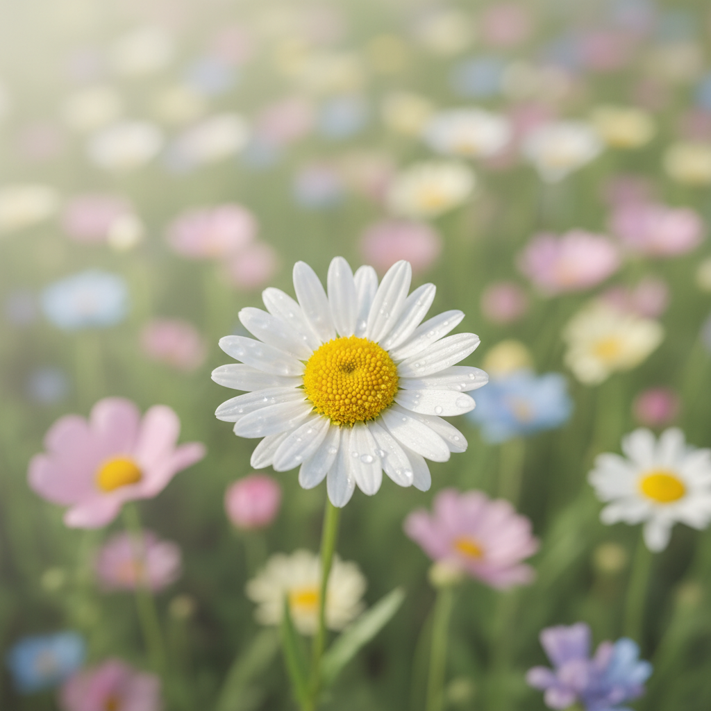A realistic, softly lit photograph of a single white daisy with a yellow center in focus, surrounded by a blurred meadow of pastel wildflowers, using colors that harmonize with the Dream to Bloom Foundation site. No illustrations or cartoon elements.