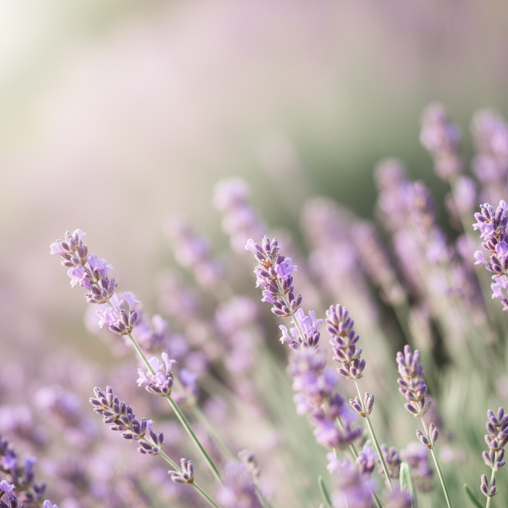 A realistic, natural-light photograph of a cluster of lavender sprigs in soft focus, with a pastel purple and green color palette and a gently blurred background that matches the Dream to Bloom Foundation site aesthetic. No illustrations or cartoon elements.