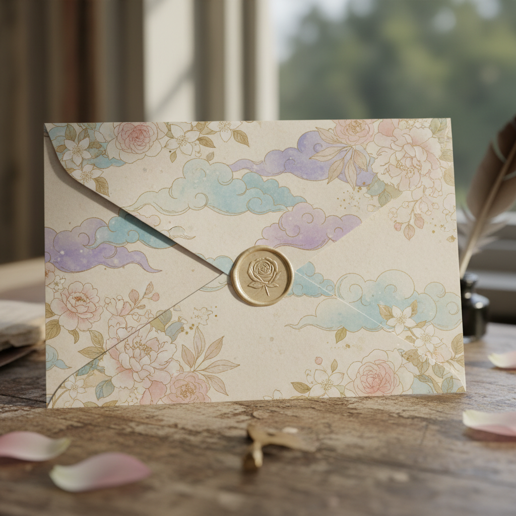 Create an elegant, realistic image of a letter or envelope with clouds and floral motifs that match the rest of the site’s style—soft, dreamy, and not cartoonish.