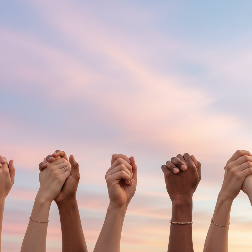 A realistic photo featuring only hands of diverse people holding each other, no faces visible, set against a pastel sky with clouds—soft, harmonious colors for a square or horizontal rectangle image. The mood is uplifting and inclusive, fitting for a community theme.