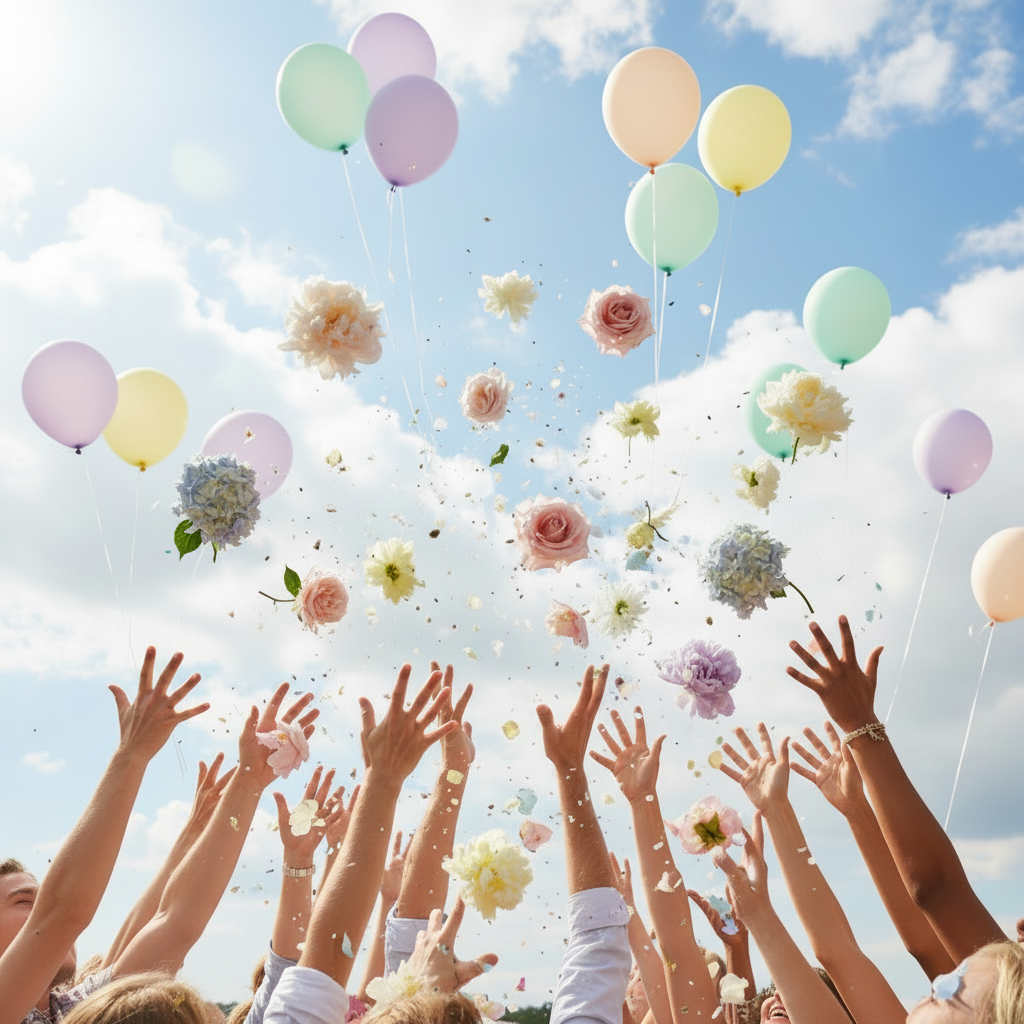 A group of realistic hands having a party, throwing flowers, soft colored balloons, clouds in the sky, all light, real-life style, no cartoon, and specifically no human face or male figure in the center.